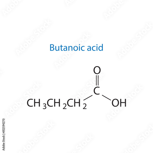 Butanoic acid molecule skeletal structure diagram.organic compound molecule scientific illustration on white background.