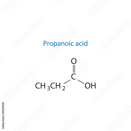 Propanoic acid molecule skeletal structure diagram.organic compound molecule scientific illustration on white background.
