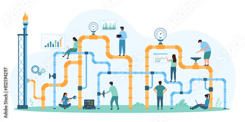 Gas industry pipeline inspection, energy and fuel factory system. Tiny people control safety of pipe and valve, workers of maintenance and repair service check settings cartoon vector illustration