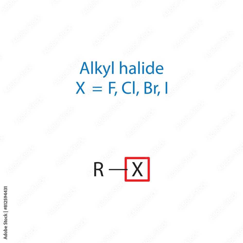Alkyl halide molecule skeletal structure diagram.functional group compound molecule scientific illustration on white background. Alkyl halide molecule skeletal structure diagram.functional group compound molecule scientific illustration on white background.