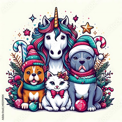 Many animals include dogs  cats  unicorns with hats and a unicorn art photo photo used for printing illustrator.