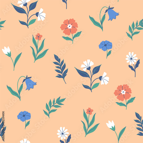 Seamless pattern with flowers on a beige background. Vector graphics.