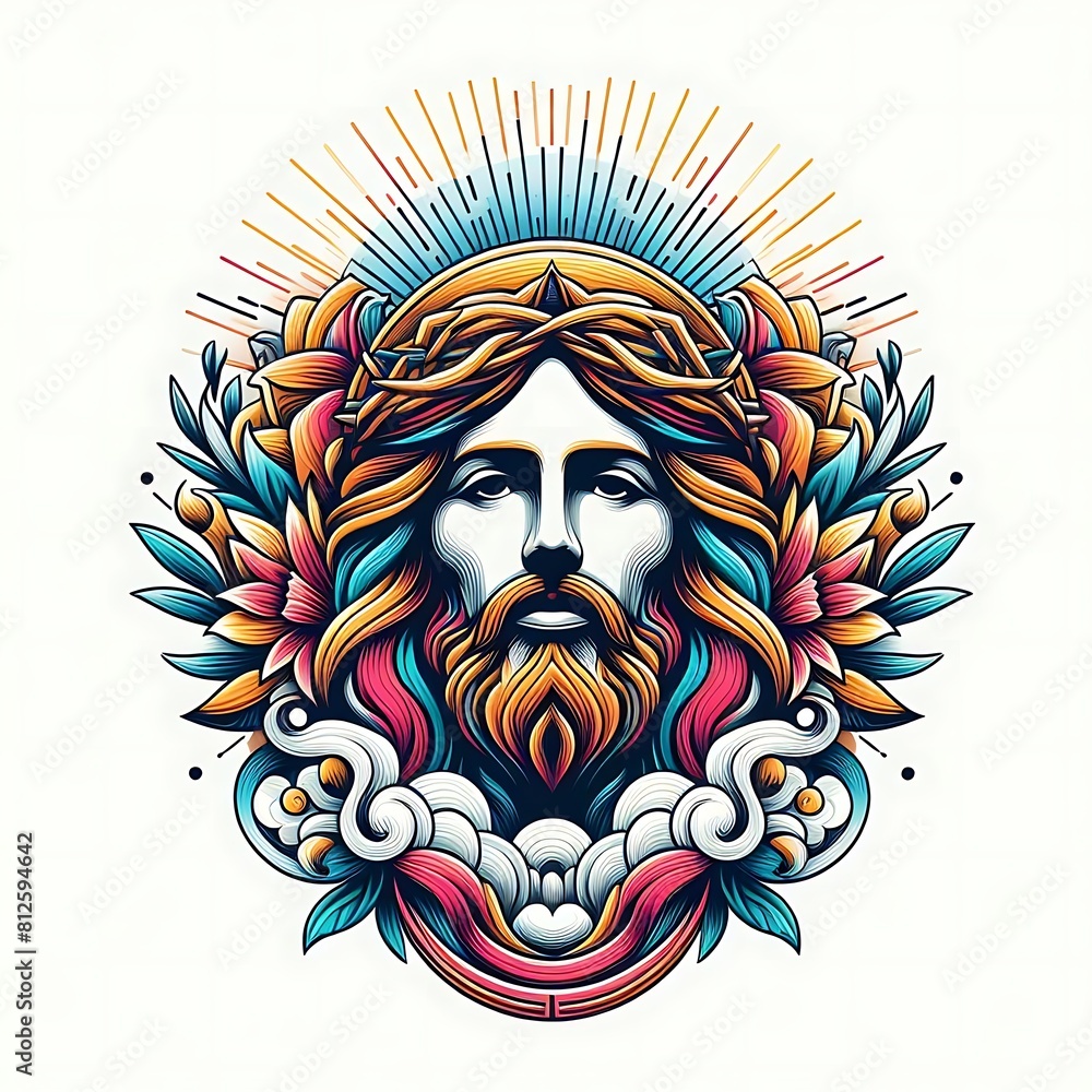 A colorful drawing of a jesus christ with a crown of flowers harmony has illustrative meaning has illustrative meaning card design illustrator. A colorful drawing of a jesus christ with a crown of flowers harmony has illustrative meaning has illustrative meaning card design illustrator.