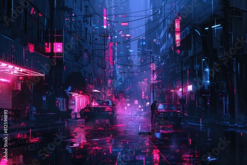 Vibrant city street with neon lights, perfect for urban themed designs