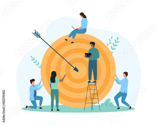 Hit target, business goal achievement, success strategy analysis. Tiny people research advantages and incentives of marketing project, perfect teamwork of analysts cartoon vector illustration