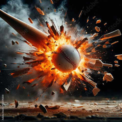 Conceptual image of baseball ball crashing into wall with smoke and flames