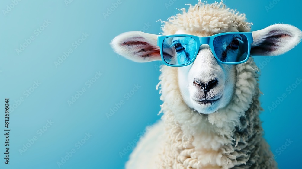 Funny white sheep wearing blue sunglasses on blue background Funny white sheep wearing blue sunglasses on blue background