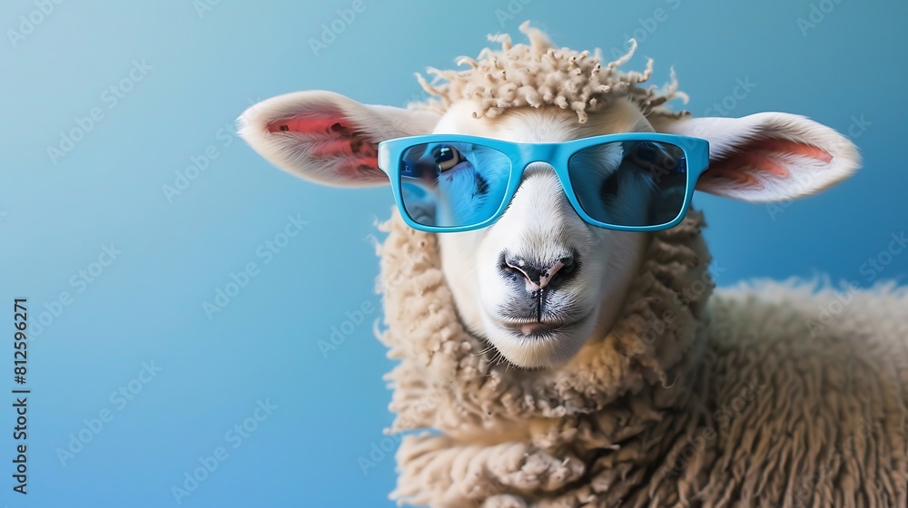 Funny white sheep wearing blue sunglasses on blue background Funny white sheep wearing blue sunglasses on blue background