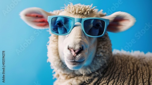 Funny white sheep wearing blue sunglasses on blue background © ASHFAQ