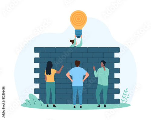 Obstacles to business project success, crisis of opportunity. Tiny people standing at barrier to goal achievement, employee holding light bulb with target over brick wall cartoon vector illustration