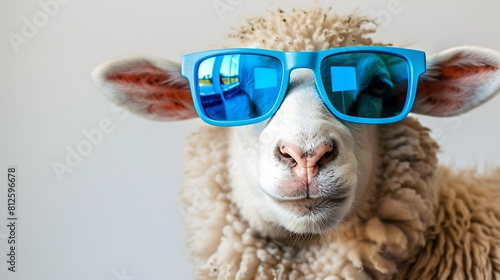 Funny white sheep wearing blue sunglasses on white background