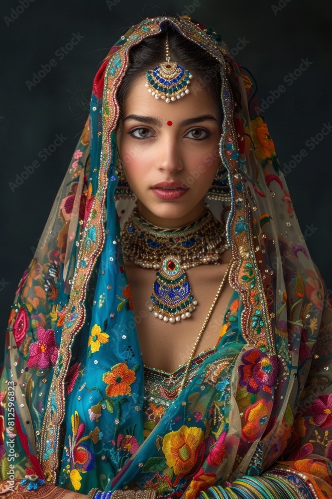 Elegant Indian Woman in Traditional Embellished Sari and Ornate Jewelry Against Dark Background Elegant Indian Woman in Traditional Embellished Sari and Ornate Jewelry Against Dark Background