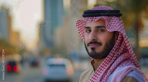 A confident, happy Saudi, Gulf man wearing a arabic thobe and shemagh