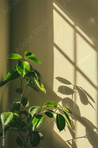 A potted green plant basks in sunlight creating a dynamic shadow on a textured beige wall The contrast highlights tranquility