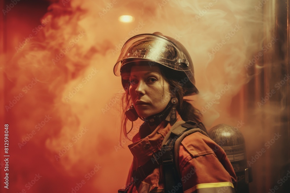 A female firefighter stands steadfast in a red smoke-filled setting, posing a dramatic scene