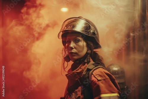 A female firefighter stands steadfast in a red smoke-filled setting, posing a dramatic scene