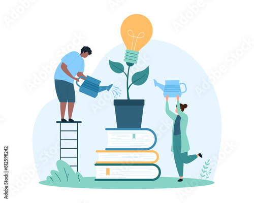 Education and knowledge for creative idea development. Tiny people watering light bulb plant growing from stack of books, develop creativity and innovation thinking cartoon vector illustration