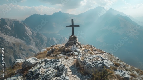 High angle view of a cross-shaped arrangement of stones on a mountain peak