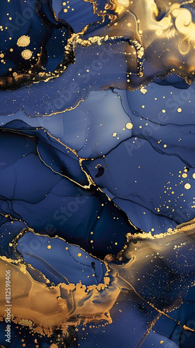 High-quality alcohol ink abstract in shades of gold and midnight blue, featuring oil paint texture.