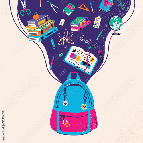 School supplies flying in the air above backpack in foreground vector