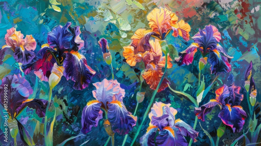 Irises in bloom, their bold hues standing out against verdant foliage