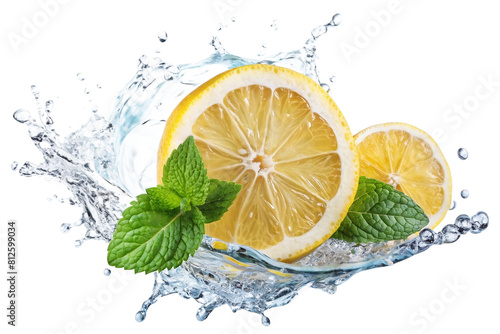 Lemon water splash isolated on a white transparent background  png. Lemon fruit slice  leaves and water splash. background water wave  citrus piece and mint foliage flying
