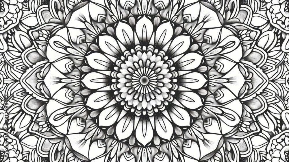Mandala pattern with intricate details and symmetrical elements, perfect for meditation and mindfulness products