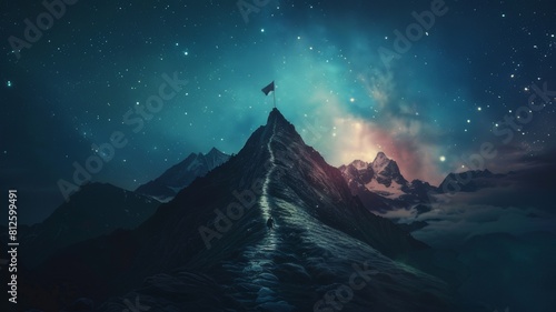 Mountain with a flag and a professional climber-businessman on the top. Abstract achievement goals and ambitions concept. Technological dark blue background with peaks and constellations. photo