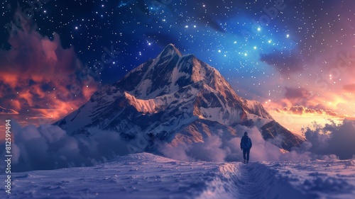 Mountain with a flag and a professional climber-businessman on the top. Abstract achievement goals and ambitions concept. Technological dark blue background with peaks and constellations.