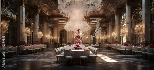 luxurious dinner hall with large crystal chandelier photo