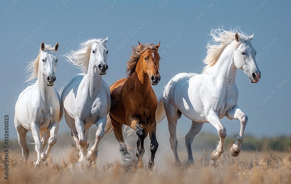 Obraz premium Photo of Arabian horses running in the sky, stock photo, white and brown colors, five Arabic horses galloping, photo taken from behind them,