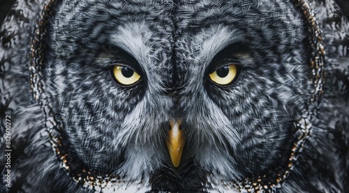 A closeup of an owl's face, its focused eyes and piercing gaze.
