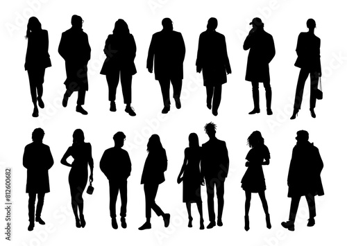 Silhouettes of different People Standing and walking front, side, Rear View. Male and Female, couple Characters Back View vector monochrome illustrations, icons Isolated on transparent Background.