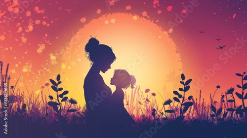 Mother's Day poster featuring a mother and child silhouette against a sunset
