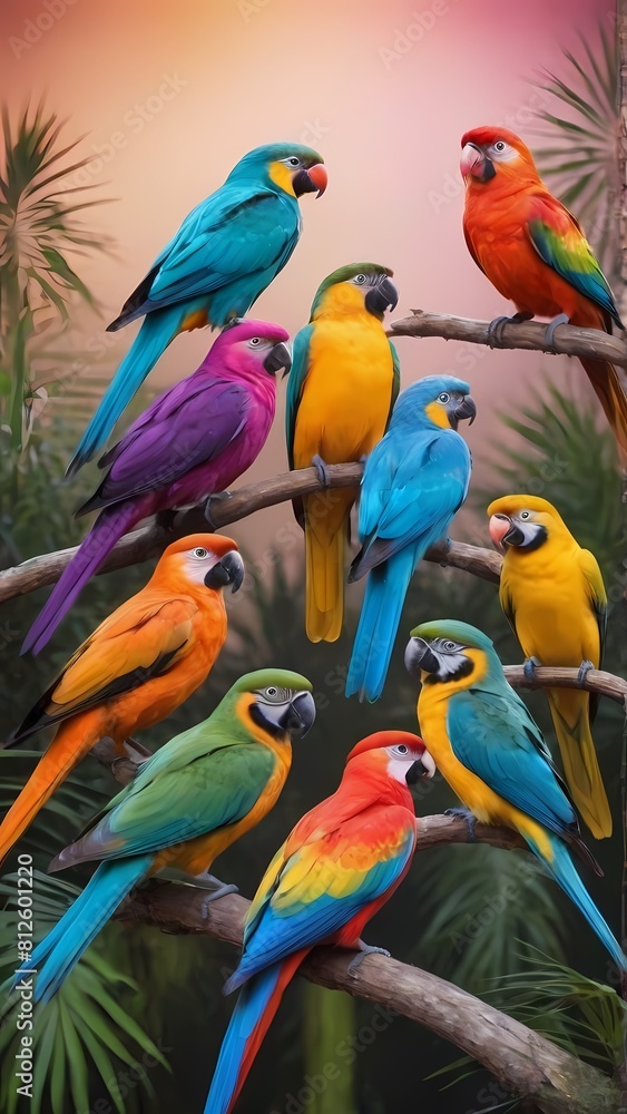 Photo wallpaper. Tropical birds sitting on branches with 3D effect. Generative AI, Generative, AI