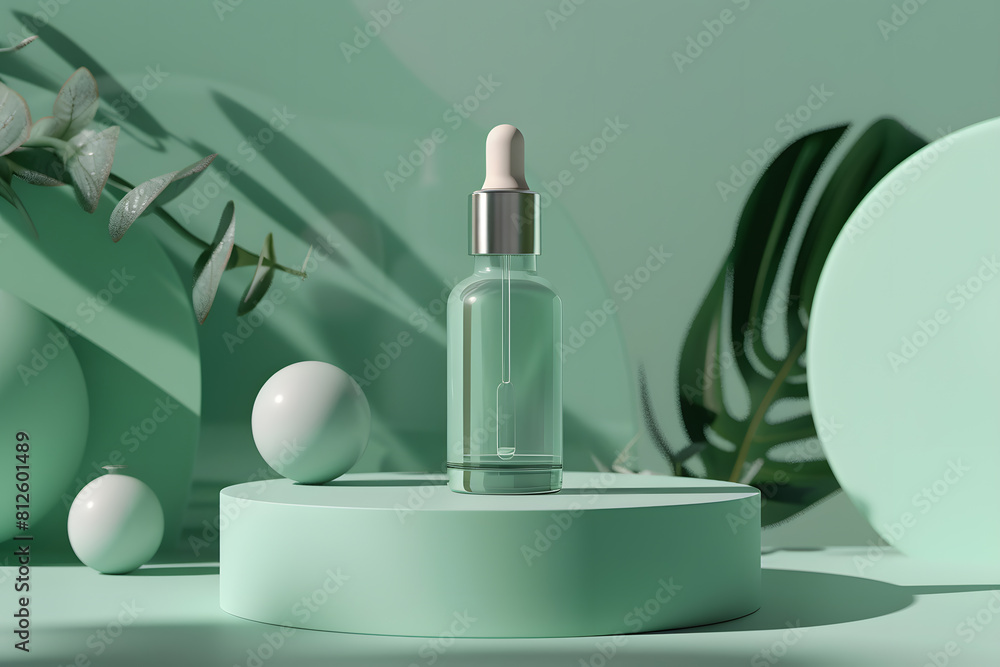 Serum cosmetic bottle with peptides and retinol on podium pedestal on green background. Serum beauty dropper mockup showcase. Generative Ai. Serum cosmetic bottle with peptides and retinol on podium pedestal on green background. Serum beauty dropper mockup showcase. Generative Ai.