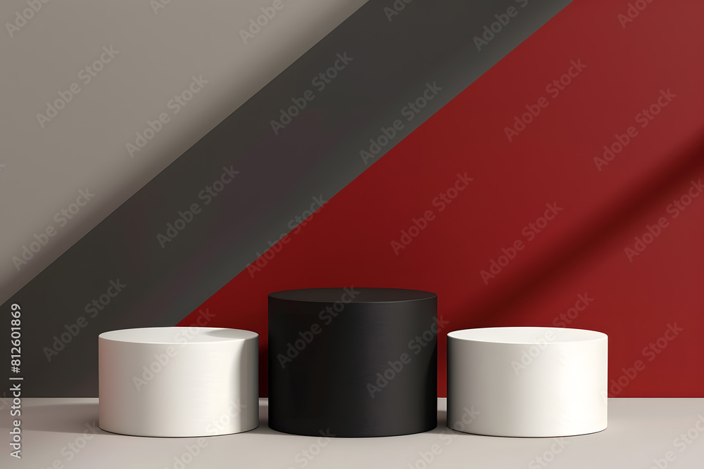 Set of abstract 3D room with white, dark red and black realistic steps cylinder pedestal podium. Vector rendering geometric forms design. Minimal scene. shadow. Stage showcase, Mockup . Generative Ai. Set of abstract 3D room with white, dark red and black realistic steps cylinder pedestal podium. Vector rendering geometric forms design. Minimal scene. shadow. Stage showcase, Mockup . Generative Ai.