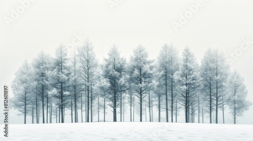 A serene winter scene showcasing a stand of frost-covered trees set against a blanket of pure white snow under a foggy sky. 