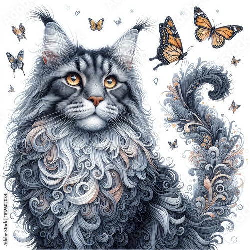 A cat with long hair and butterflies art realistic has illustrative meaning used for printing illustrator. photo