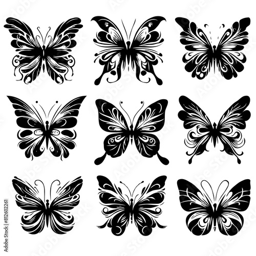 set of black and white butterflies, Set of vector icons: Black outlines on white background. - Stock vector illustration