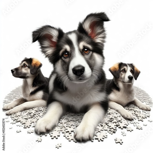 Many dogs lying on a puzzle image art realistic card design illustrator.