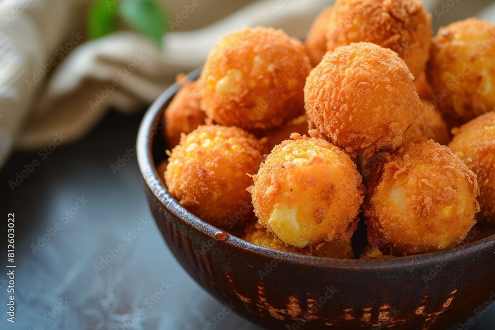 Close-up of crispy cheese balls served in a rustic bowl, appetizing and golden Close-up of crispy cheese balls served in a rustic bowl, appetizing and golden