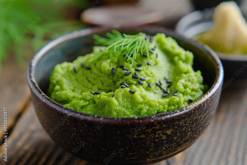 Vibrant green pea hummus garnished with dill and black sesame seeds, served in a rustic bowl Vibrant green pea hummus garnished with dill and black sesame seeds, served in a rustic bowl