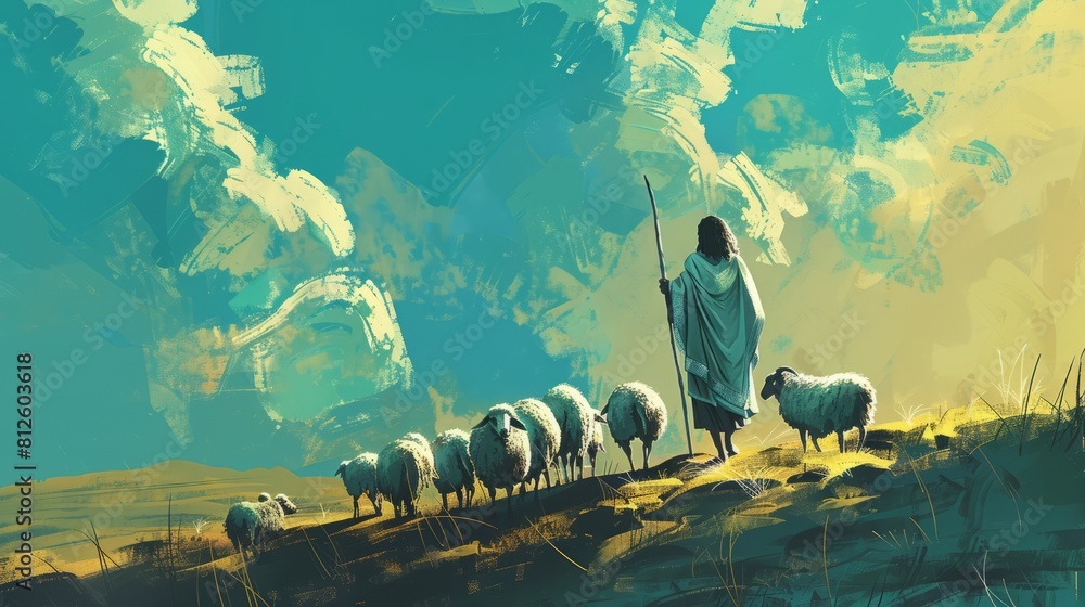 Simple illustration of a shepherd leading his flock, representing Jesus ...