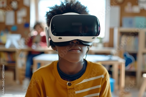 Wearing a virtual reality headset is an African American boy. Generative Ai © Imran