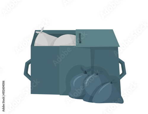Dumpster with trash bags. Vector illustration of preparing garbage for removal.