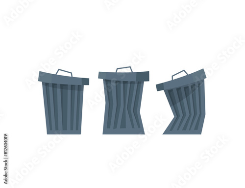 Tin trash bin set. Metal waste container, functional trashcan.