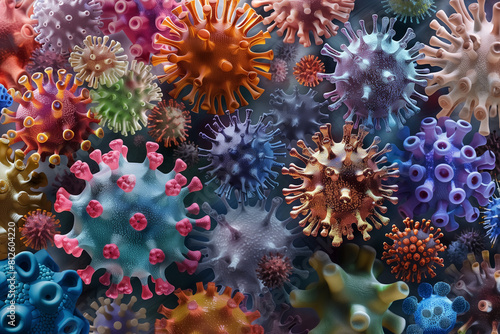 Colorful mosaic of assorted viruses in a detailed illustration, AI-generated image.