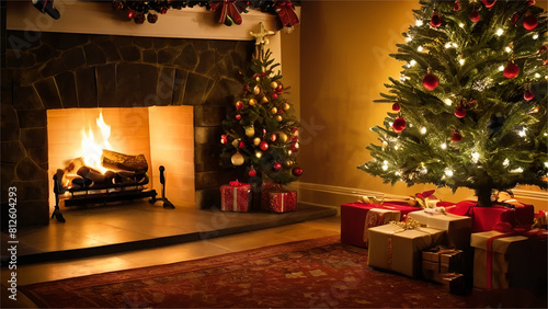 Wallpaper Mural  christmas tree and fireplace with gift box.happy new year Torontodigital.ca
