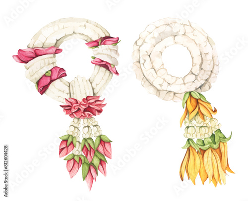 Set of Thai garland colorful flower for Mother's day, Songkran festival or religion buddhism observation day. Watercolor illustration.
